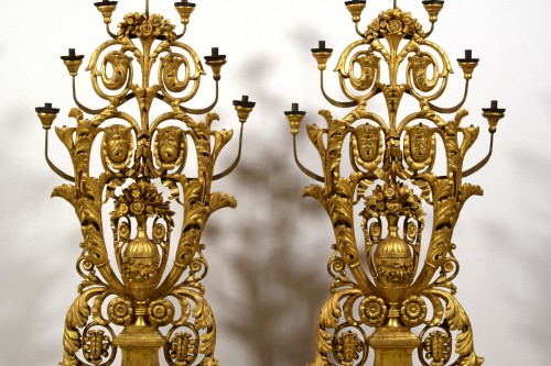 18th century - 18th century, Pair of Italian Neoclassical Giltwood Floor Candelabra