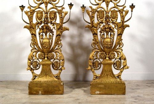 Louis XVI - 18th century, Pair of Italian Neoclassical Giltwood Floor Candelabra