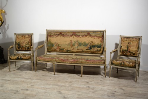 Mobilier de salon en bois sculpté et laqué Louis XVI, seconde moitié XVIIIe siècle - Sièges Style Louis XVI