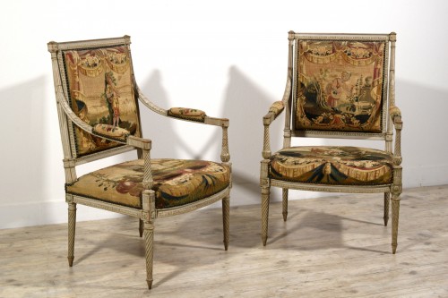 Antiquités - Mobilier de salon en bois sculpté et laqué Louis XVI, seconde moitié XVIIIe siècle