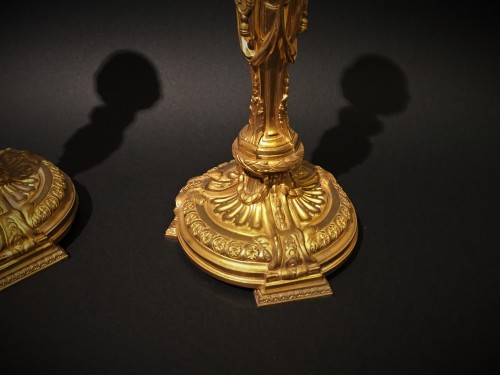 Lighting  - 19th Century, Pair of French Git Bronze Candlesticks with Vestals 