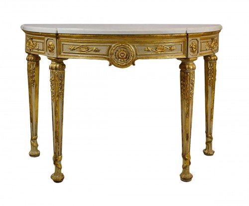 18th Century, Italian Neoclassical HalfMoon Lacquered and Gilt Wood Console