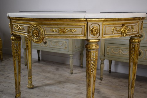 Furniture  - 18th Century, Italian Neoclassical HalfMoon Lacquered and Gilt Wood Console