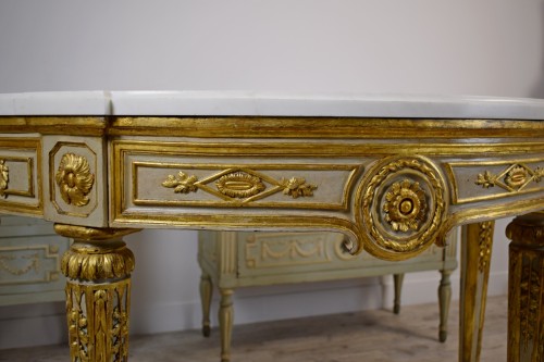 Louis XVI - Console néo-classique en demi-lune laquée et dorée, Naples XVIIIe siècle