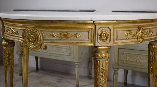 Antiquités - Console néo-classique en demi-lune laquée et dorée, Naples XVIIIe siècle