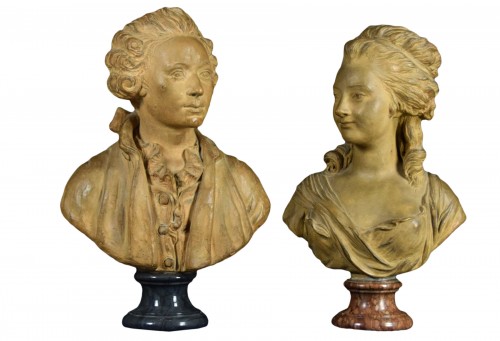  Pair of terracotta busts, marble bases, France 19th Century