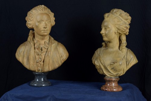 Sculpture  -  Pair of terracotta busts, marble bases, France 19th Century