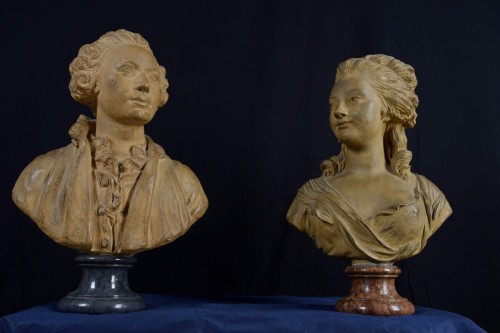 Antiquités -  Pair of terracotta busts, marble bases, France 19th Century