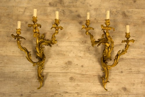 Pair Of  Wall Lamps In Gilded Bronze With Three Lights, Louis XV Style - Lighting Style Napoléon III