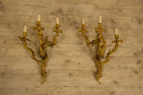 Lighting  - Pair Of  Wall Lamps In Gilded Bronze With Three Lights, Louis XV Style