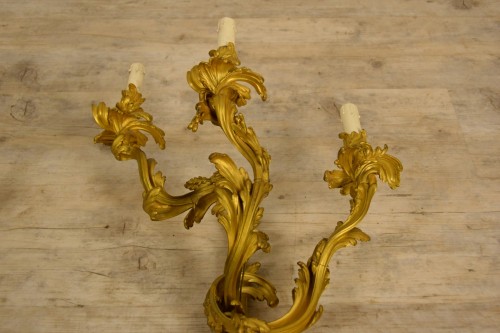 Antiquités - Pair Of  Wall Lamps In Gilded Bronze With Three Lights, Louis XV Style