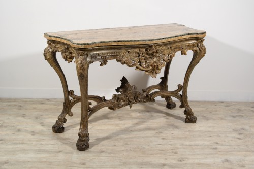 Console en bois sculpté et argenté, Naples (Italie), début XVIII siècle - Mobilier Style Louis XIV