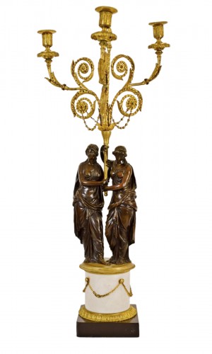 18th Century, French Bronze Three-light Candelabra with female figures