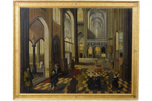 17th Century, Flemish oil painting with the Interior of Antwerp Cathedral