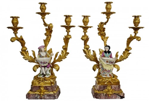 19th Century, Pair of French Gilt Bronze Candlesticks with Porcelain