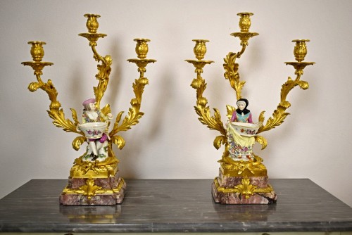 19th Century, Pair of French Gilt Bronze Candlesticks with Porcelain - Lighting Style 
