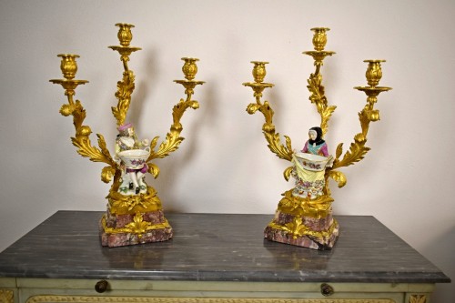 Lighting  - 19th Century, Pair of French Gilt Bronze Candlesticks with Porcelain