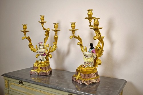 19th century - 19th Century, Pair of French Gilt Bronze Candlesticks with Porcelain