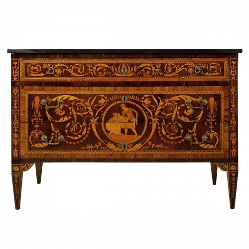 Commode néoclassique marquetée, plateau en marbre, Italie, fin XVIIIe siècle