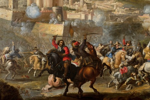 Bataille entre cavalerie et vaisseaux, Marzio Masturzo XVIIe siècle - Tableaux et dessins Style 