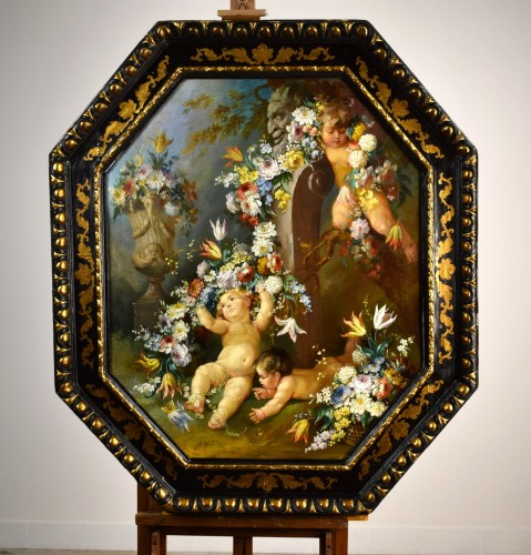 Grande Nature morte avec putti - Peintre romain du XIXe siècle - Tableaux et dessins Style 