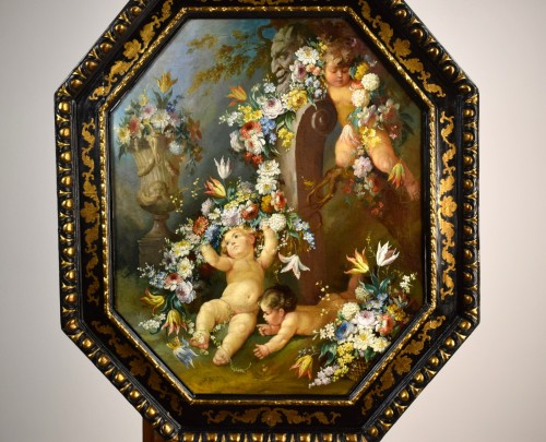 Tableaux et dessins Tableaux XIXe siècle - Grande Nature morte avec putti - Peintre romain du XIXe siècle