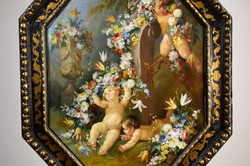 XIXe siècle - Grande Nature morte avec putti - Peintre romain du XIXe siècle