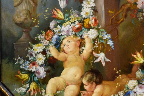 Antiquités - Grande Nature morte avec putti - Peintre romain du XIXe siècle