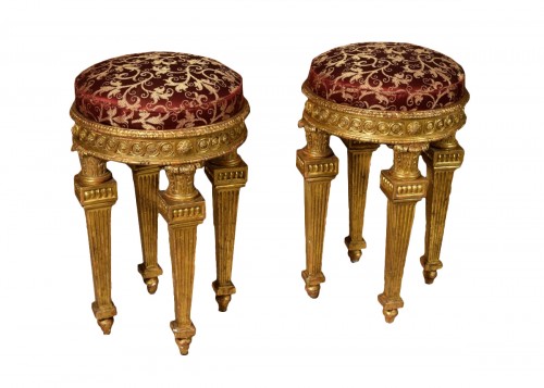 18th Century, Pair of Italian Neoclassical Carved Giltwood Stools 