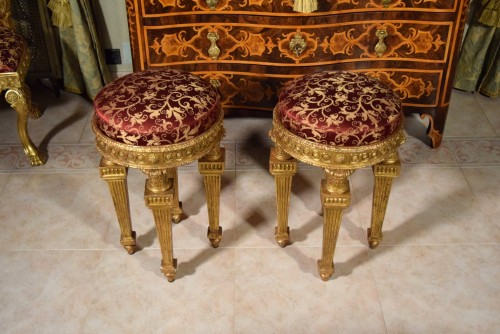 18th century - 18th Century, Pair of Italian Neoclassical Carved Giltwood Stools 
