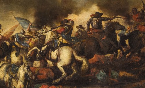 17th century - Antonio Calza, Battle between Christian and Turkish cavalry with castle