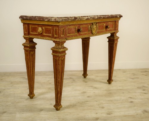 Console en bois sculpté, doré et laqué, plateau en marbre, Italie, XVIIIe siècle - Brozzetti Antichità