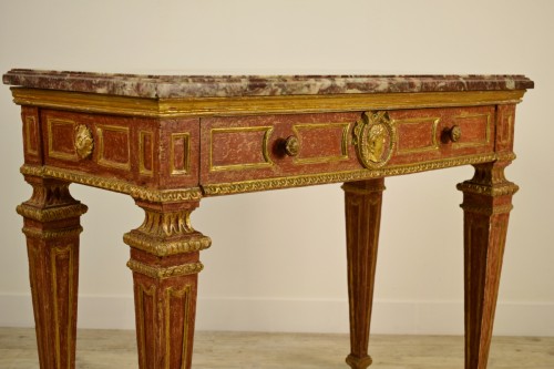 Antiquités - Console en bois sculpté, doré et laqué, plateau en marbre, Italie, XVIIIe siècle