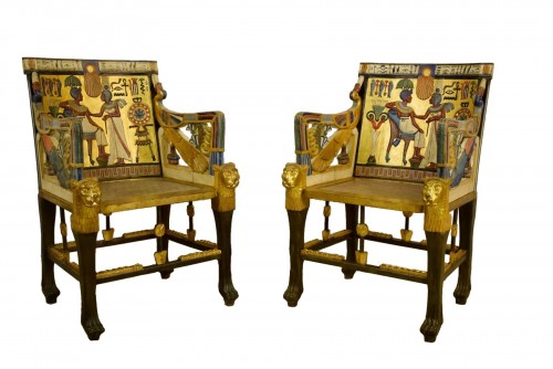 20th Century, Pair Of Lacquered Giltwood Armchairs In Egyptian Style