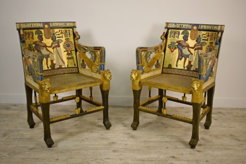 20th Century, Pair Of Lacquered Giltwood Armchairs In Egyptian Style - Seating Style 