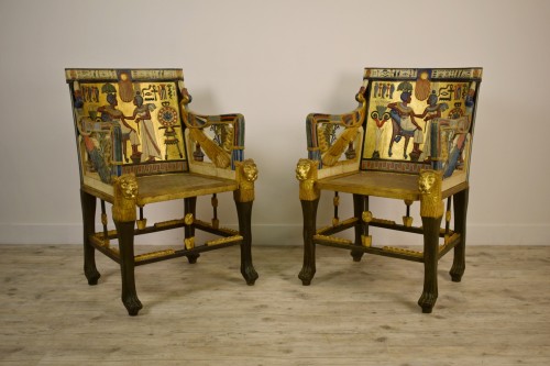 Seating  - 20th Century, Pair Of Lacquered Giltwood Armchairs In Egyptian Style