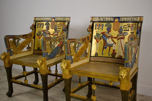 20th Century, Pair Of Lacquered Giltwood Armchairs In Egyptian Style - 