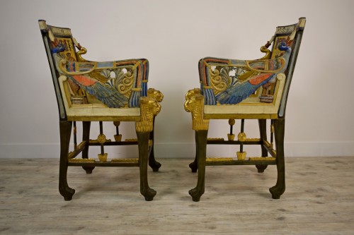 20th Century, Pair Of Lacquered Giltwood Armchairs In Egyptian Style - 