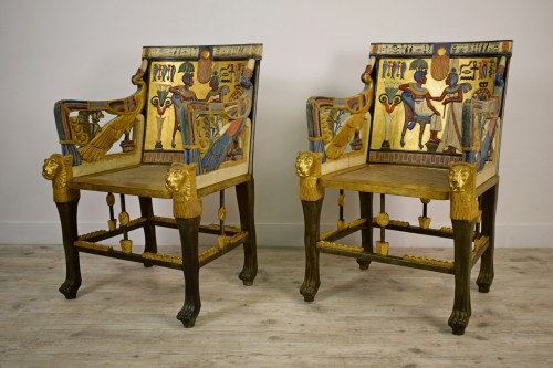  - 20th Century, Pair Of Lacquered Giltwood Armchairs In Egyptian Style