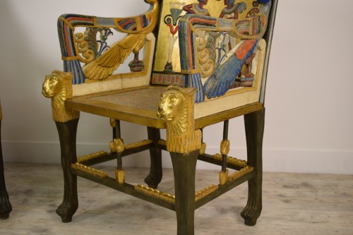 Antiquités - 20th Century, Pair Of Lacquered Giltwood Armchairs In Egyptian Style