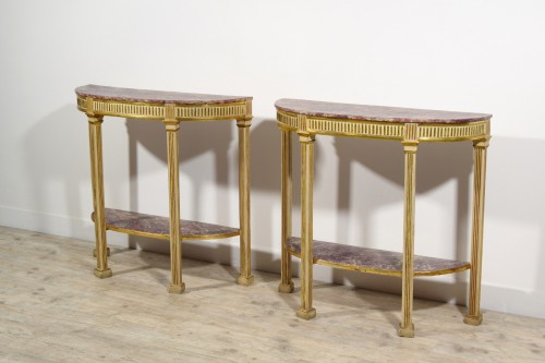 18th century - 18th Century, Pair Of Italian Neoclassical Lacquered And Giltwood Consoles 