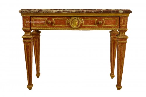 Carved, Golden And Lacquered Wood Console With Red Background, Marble Top