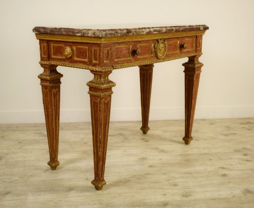 Carved, Golden And Lacquered Wood Console With Red Background, Marble Top - Furniture Style Empire