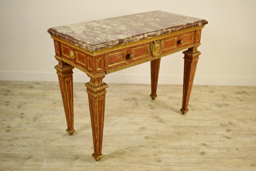 Furniture  - Carved, Golden And Lacquered Wood Console With Red Background, Marble Top