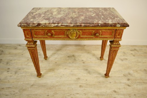 Carved, Golden And Lacquered Wood Console With Red Background, Marble Top - 