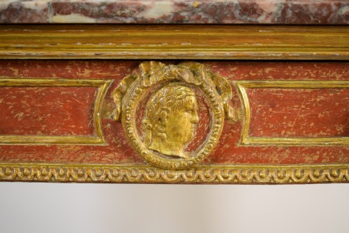 Empire - Carved, Golden And Lacquered Wood Console With Red Background, Marble Top