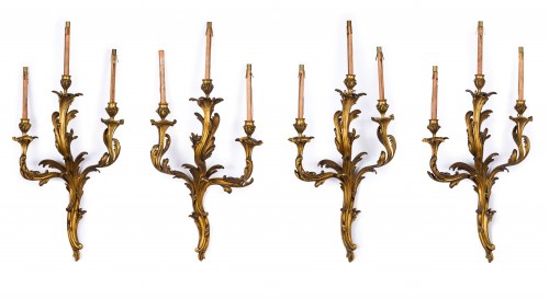 Four Wall Lamps In Gilded Bronze, 19th Century, France, Louis XV Style