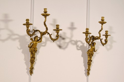 19th Century, Pair of French Three-light Gitl Bronze Sconces - Lighting Style 