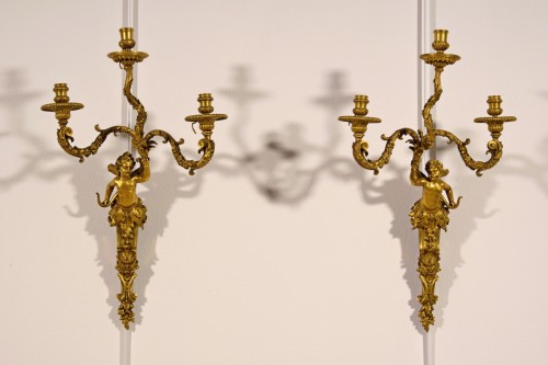 Lighting  - 19th Century, Pair of French Three-light Gitl Bronze Sconces