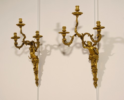 19th Century, Pair of French Three-light Gitl Bronze Sconces - 